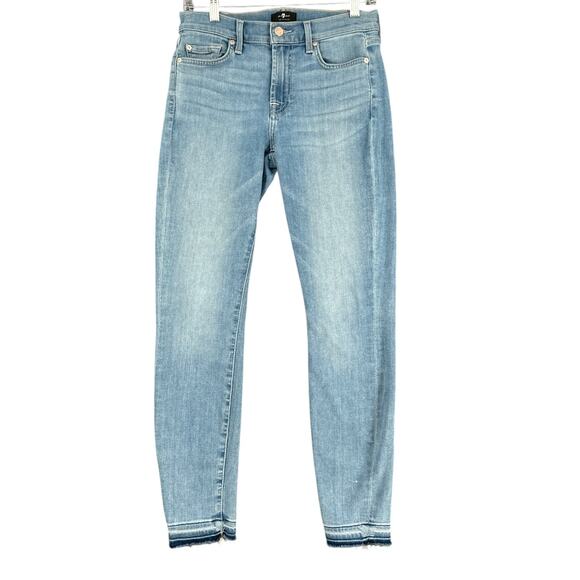 7 For All Mankind The Ankle Skinny Light Blue Mid Rise Raw Hem Jeans Womens 27 - Picture 1 of 11